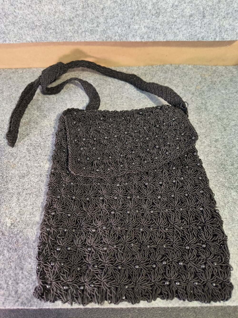 Black Macrame Beaded Shoulder Bag Boho Crochet Purse Festival Handbag